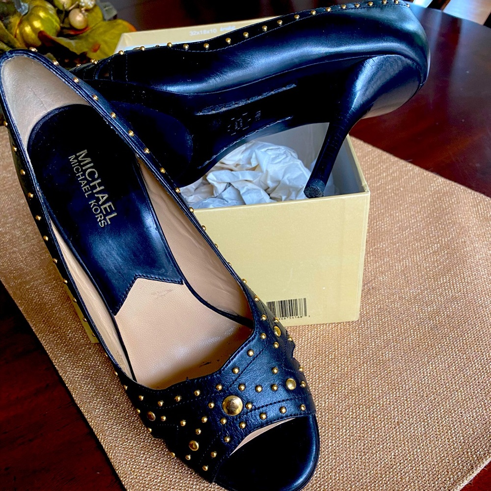 Michael Kors  black pumps with gold studs.  Worn once.  Horton open toe pumps.